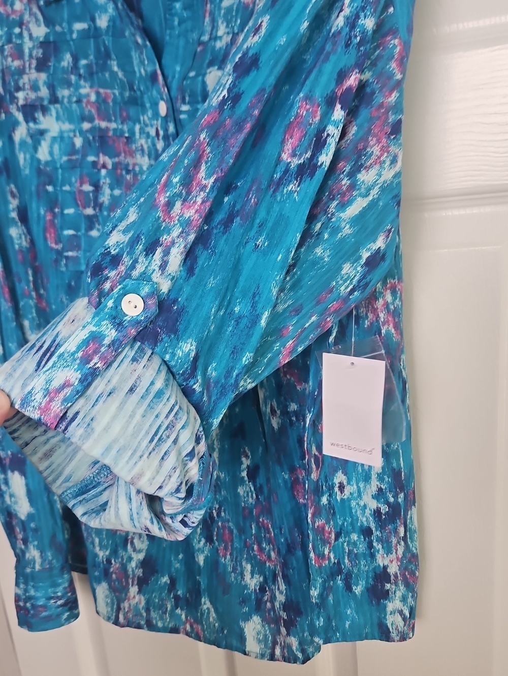 Westbound Long Sleeve Collared Partial Button Relaxed Tunic: Turquoise Monet: XL - Picture 5 of 16